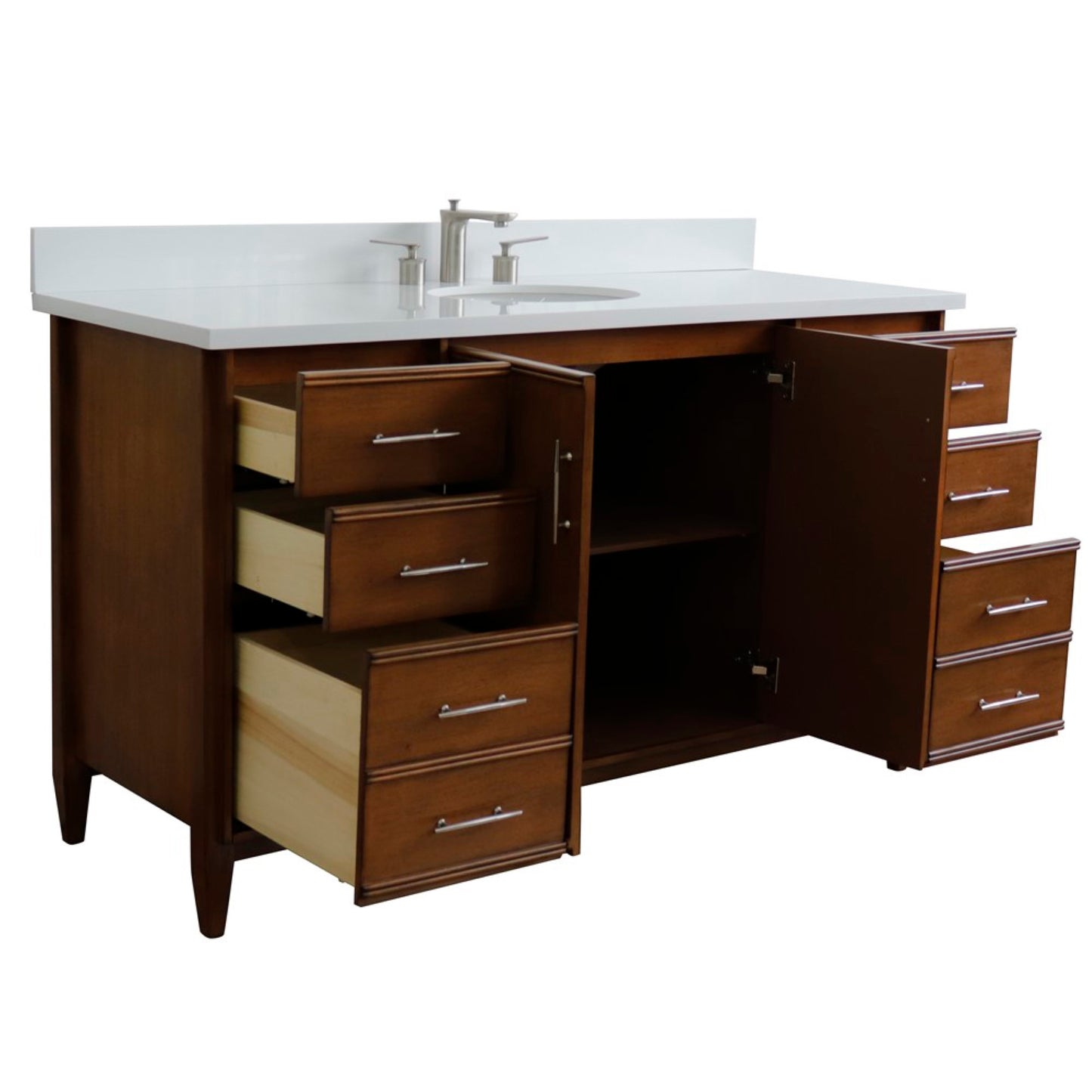 61" Single sink vanity in Walnut finish with White engineered stone and oval sink