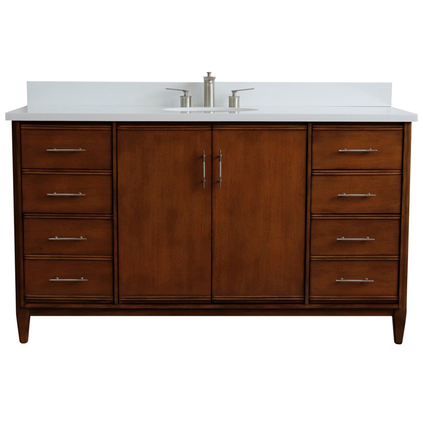 61" Single sink vanity in Walnut finish with White engineered stone and oval sink