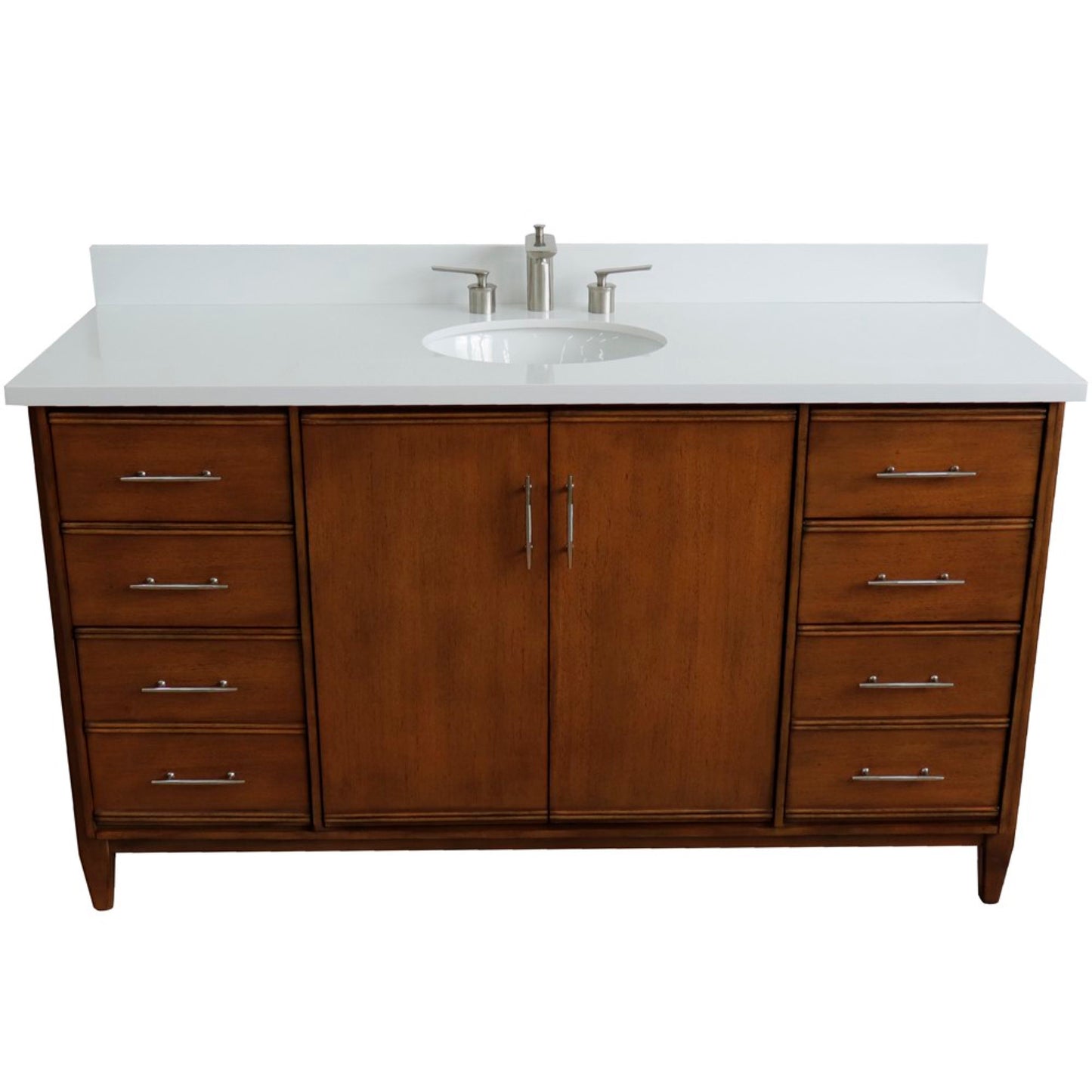 61" Single sink vanity in Walnut finish with White engineered stone and oval sink