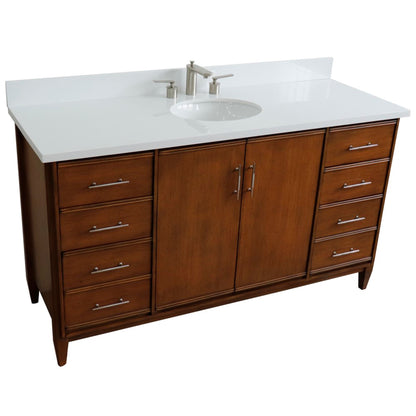 61" Single sink vanity in Walnut finish with White engineered stone and oval sink