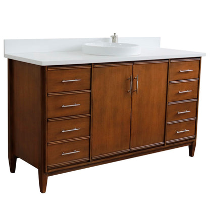 61" Single sink vanity in Walnut finish with White engineered stone and round sink