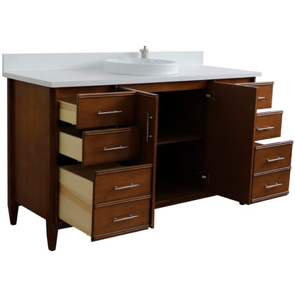 61" Single sink vanity in Walnut finish with White engineered stone and round sink