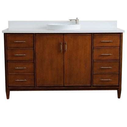 61" Single sink vanity in Walnut finish with White engineered stone and round sink
