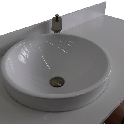 61" Single sink vanity in Walnut finish with White engineered stone and round sink
