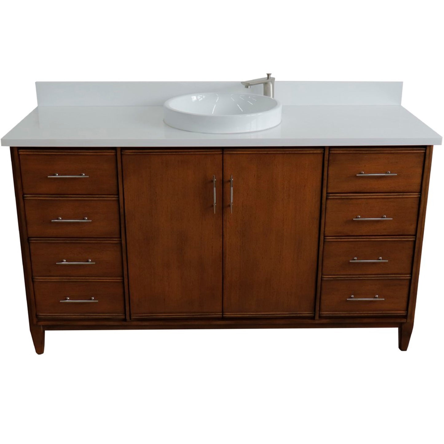 61" Single sink vanity in Walnut finish with White engineered stone and round sink