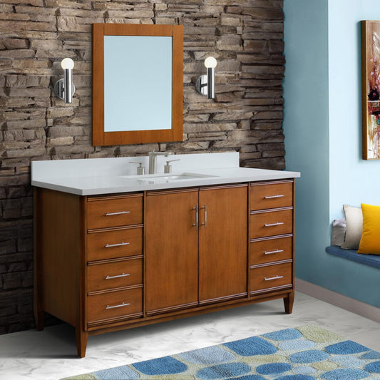 61" Single sink vanity in Walnut finish with White engineered stone and rectangle sink
