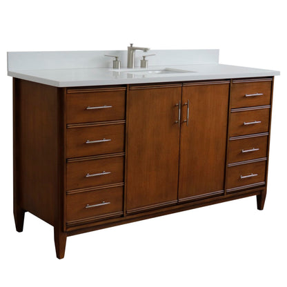 61" Single sink vanity in Walnut finish with White engineered stone and rectangle sink