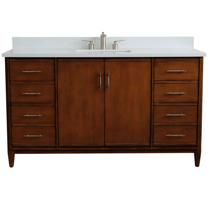 61" Single sink vanity in Walnut finish with White engineered stone and rectangle sink
