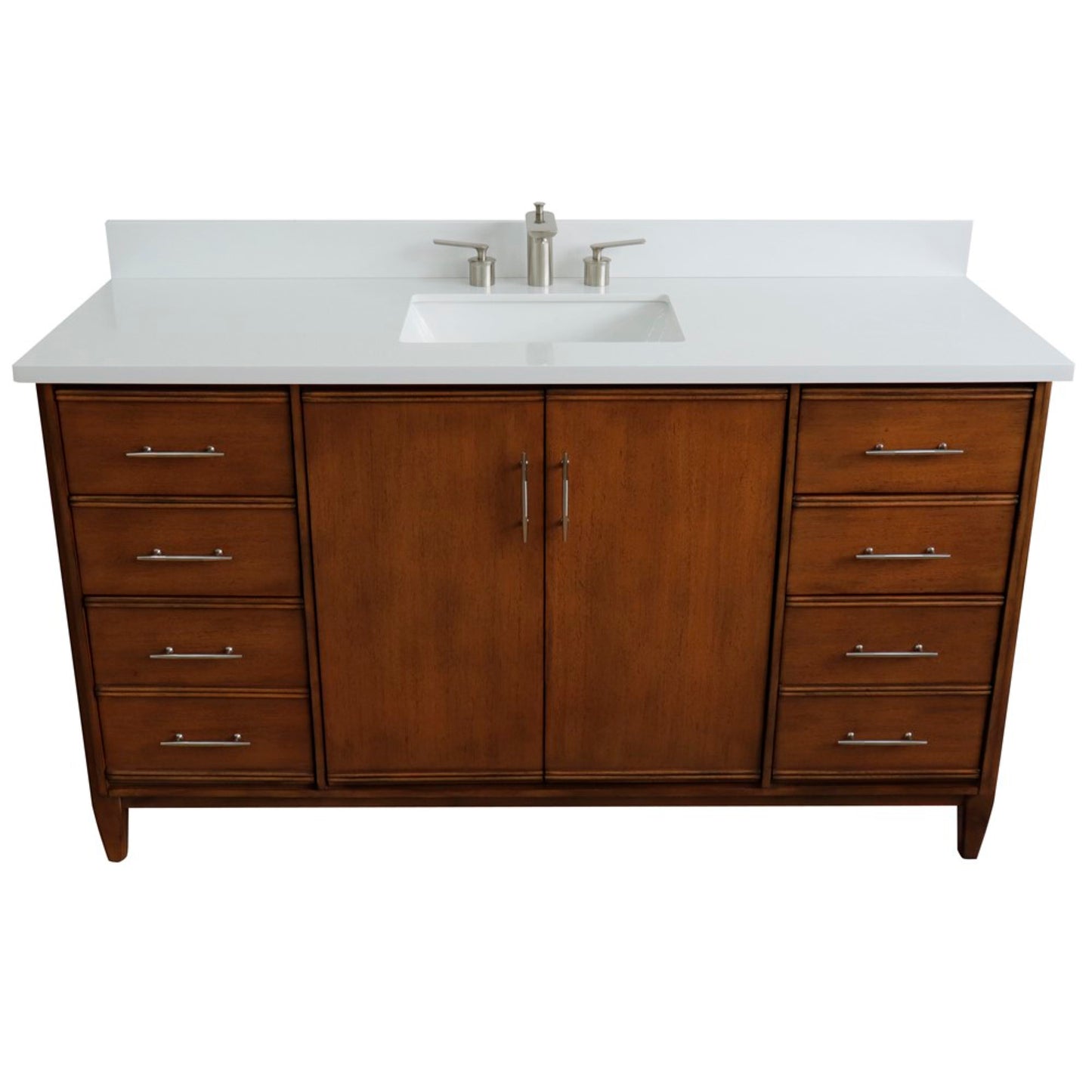 61" Single sink vanity in Walnut finish with White engineered stone and rectangle sink