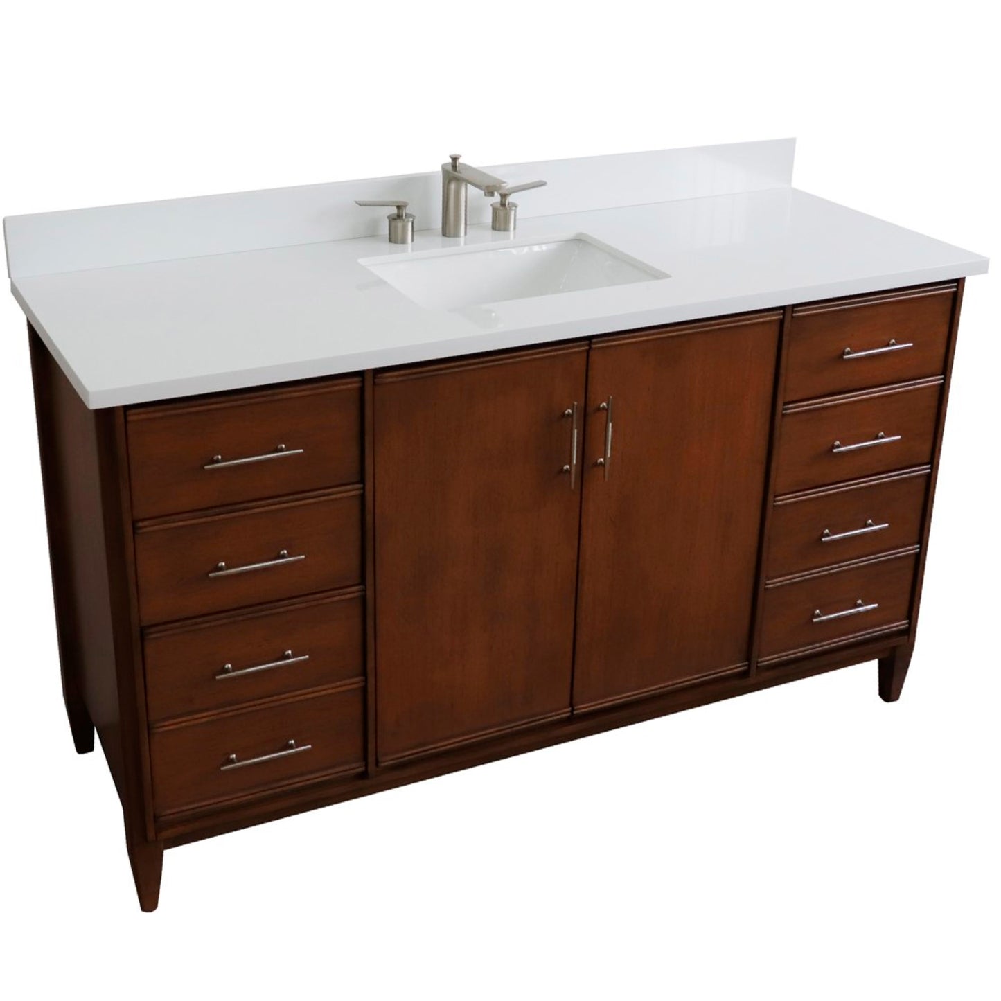 61" Single sink vanity in Walnut finish with White engineered stone and rectangle sink