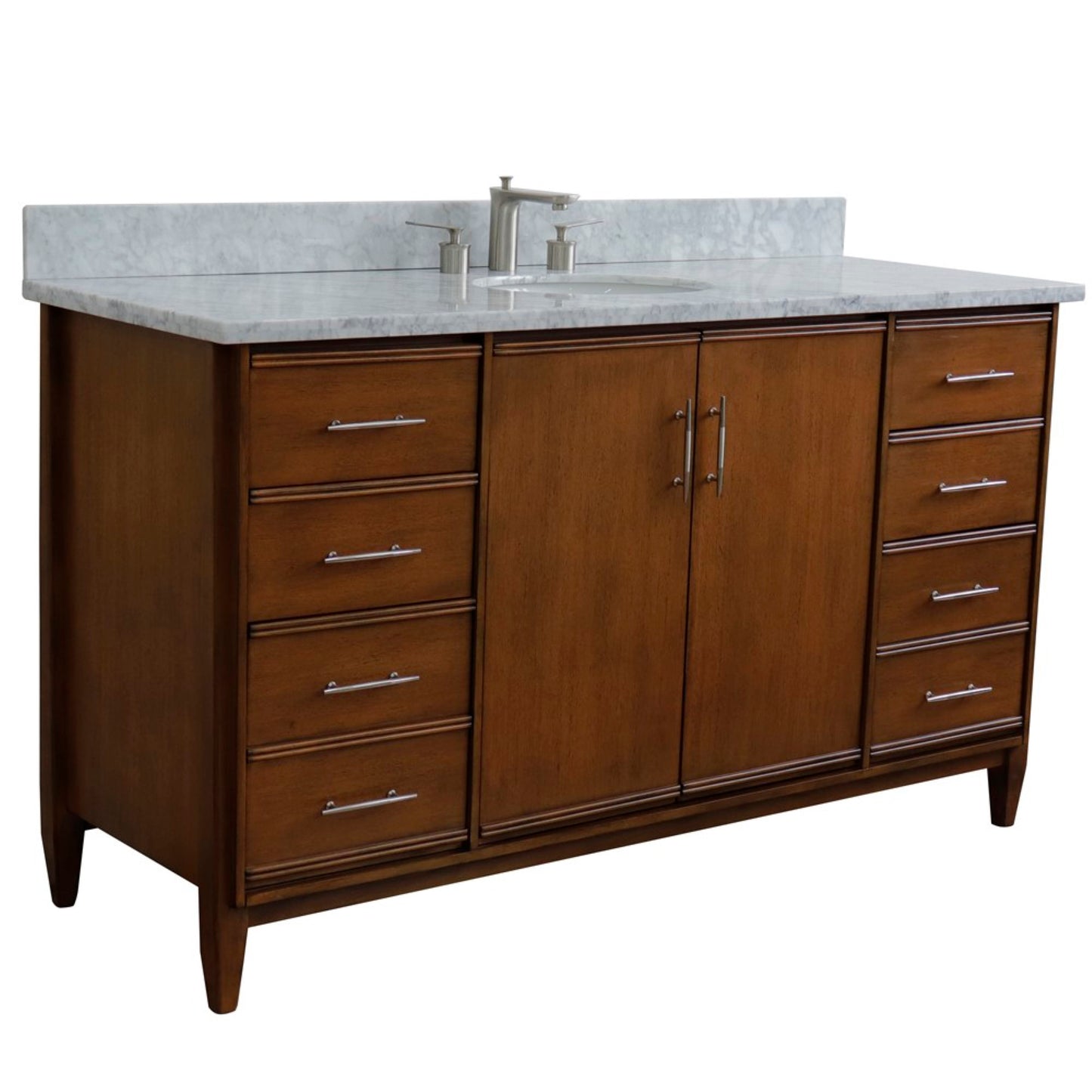 61" Single sink vanity in Walnut finish with White Carrara marble and oval sink