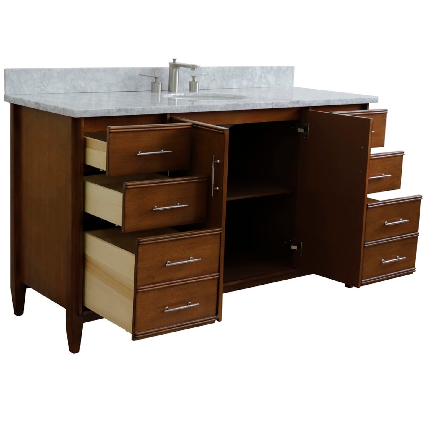 61" Single sink vanity in Walnut finish with White Carrara marble and oval sink
