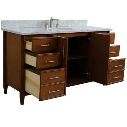 61" Single sink vanity in Walnut finish with White Carrara marble and oval sink