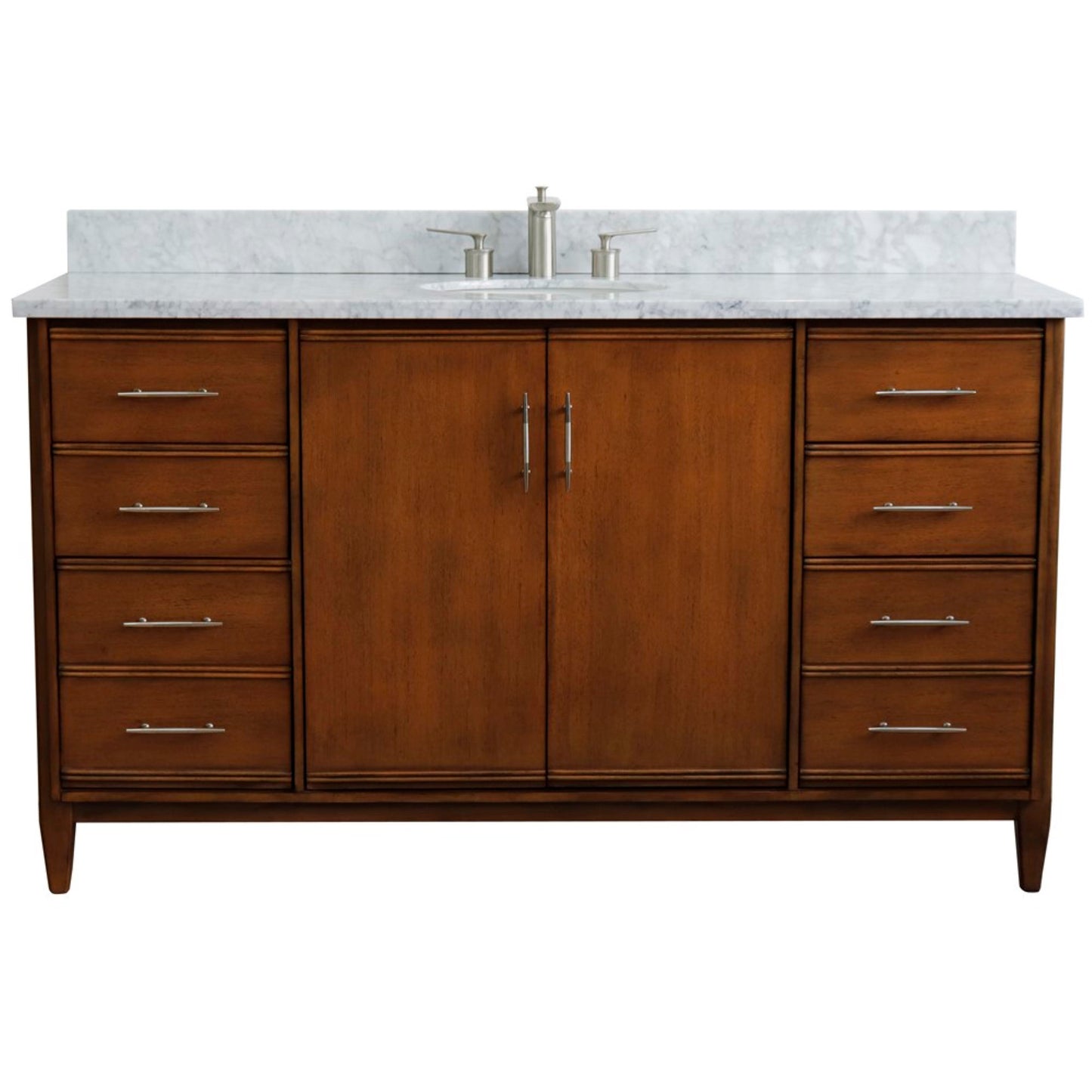 61" Single sink vanity in Walnut finish with White Carrara marble and oval sink