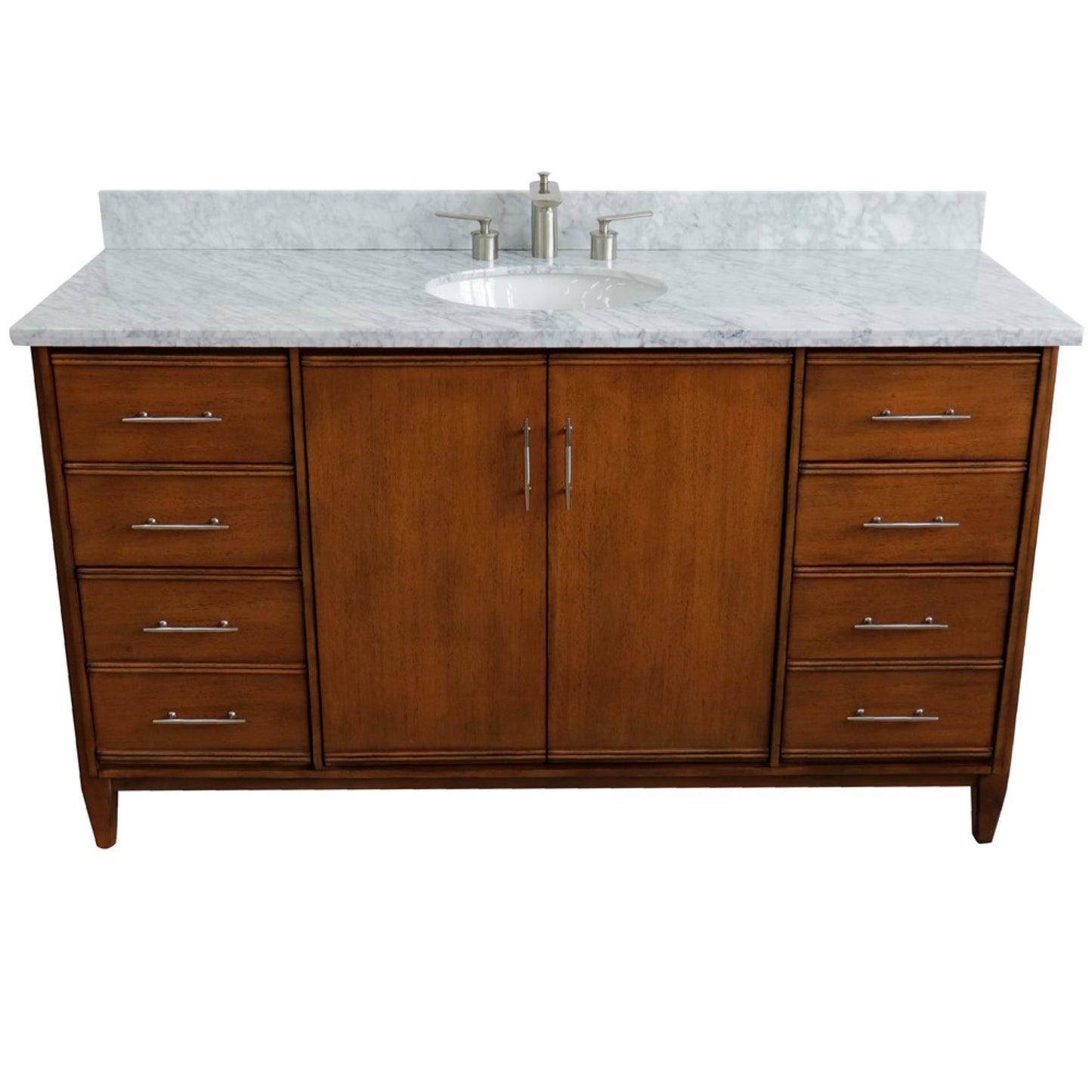 61" Single sink vanity in Walnut finish with White Carrara marble and oval sink