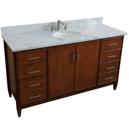 61" Single sink vanity in Walnut finish with White Carrara marble and oval sink