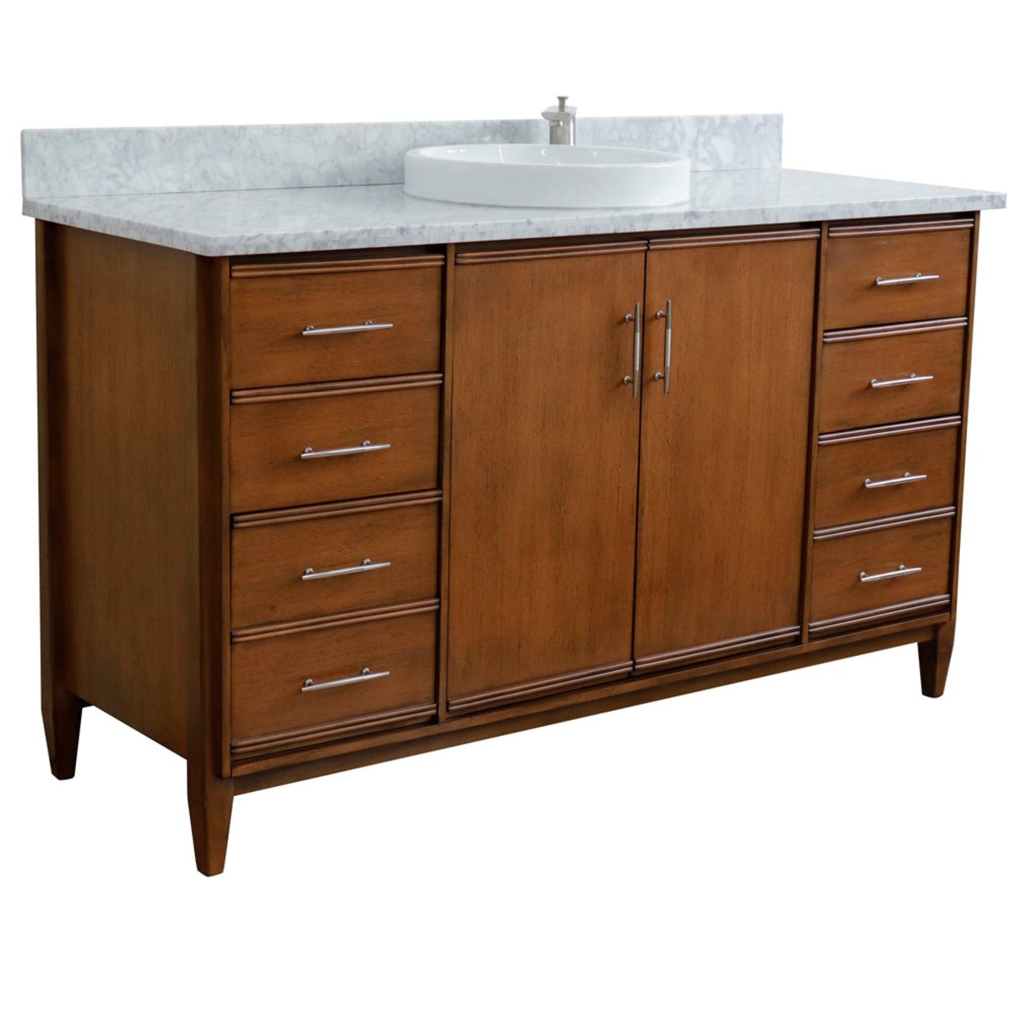 61" Single sink vanity in Walnut finish with White Carrara marble and round sink