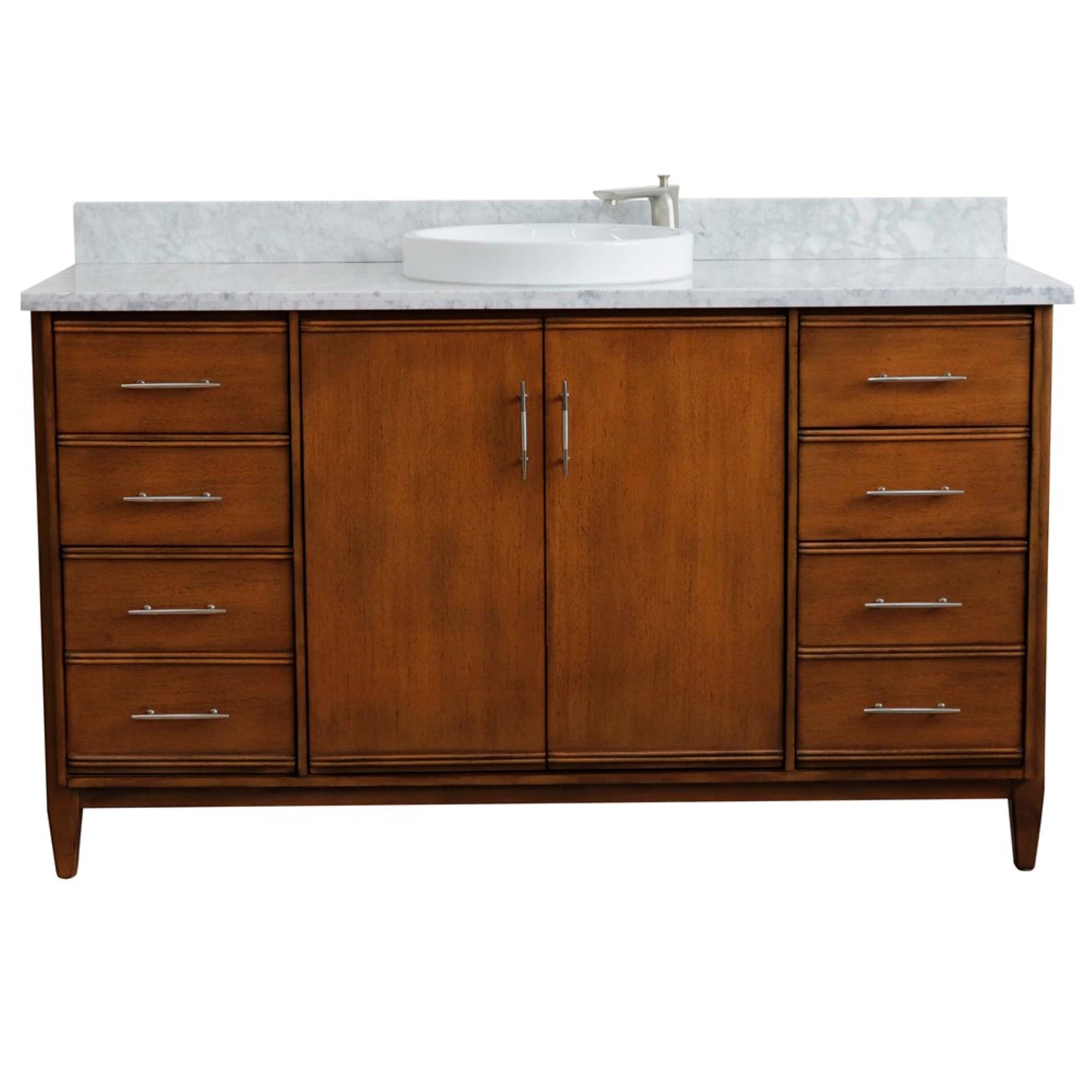 61" Single sink vanity in Walnut finish with White Carrara marble and round sink