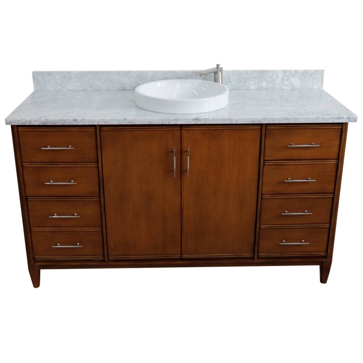61" Single sink vanity in Walnut finish with White Carrara marble and round sink