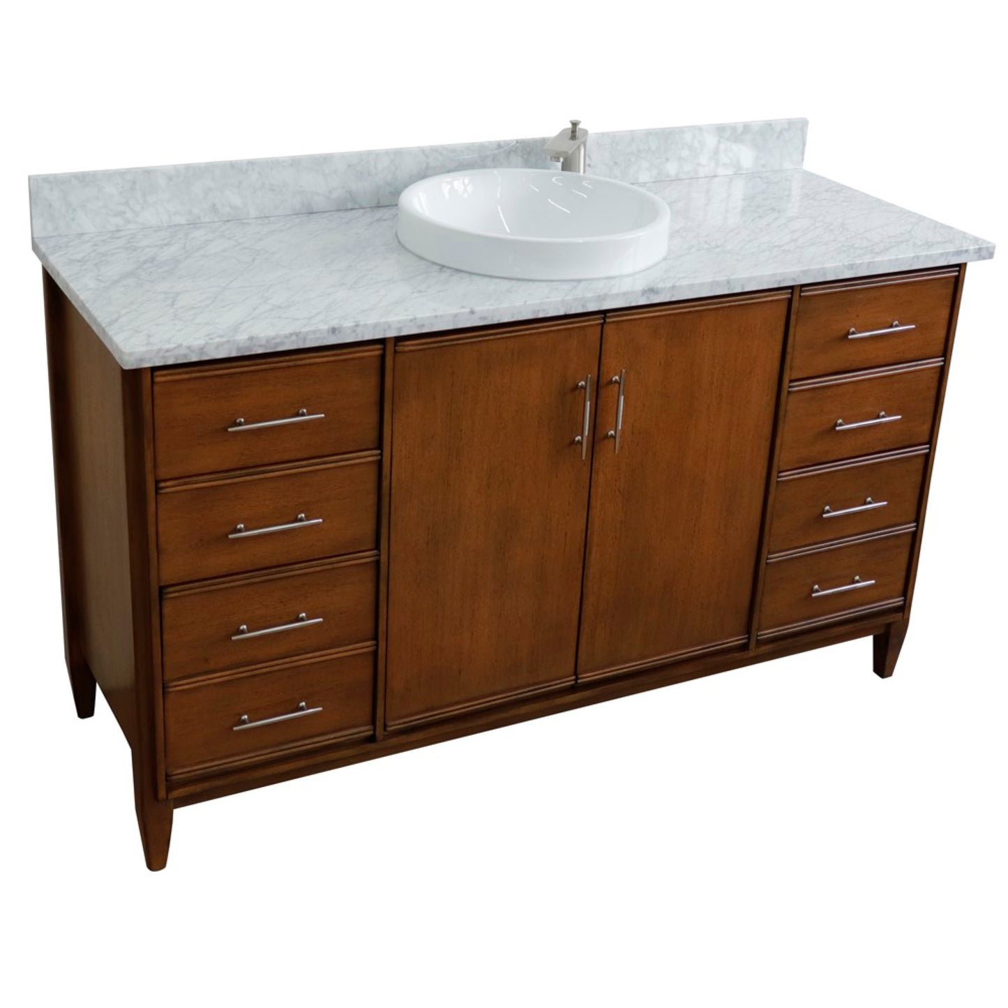 61" Single sink vanity in Walnut finish with White Carrara marble and round sink