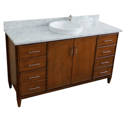 61" Single sink vanity in Walnut finish with White Carrara marble and round sink