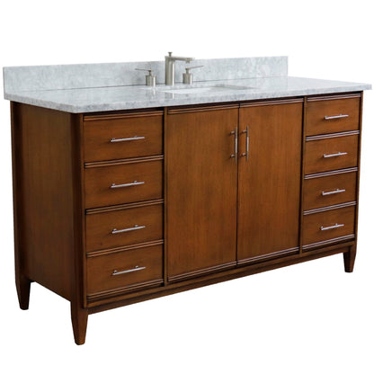 61" Single sink vanity in Walnut finish with White Carrara marble and rectangle sink