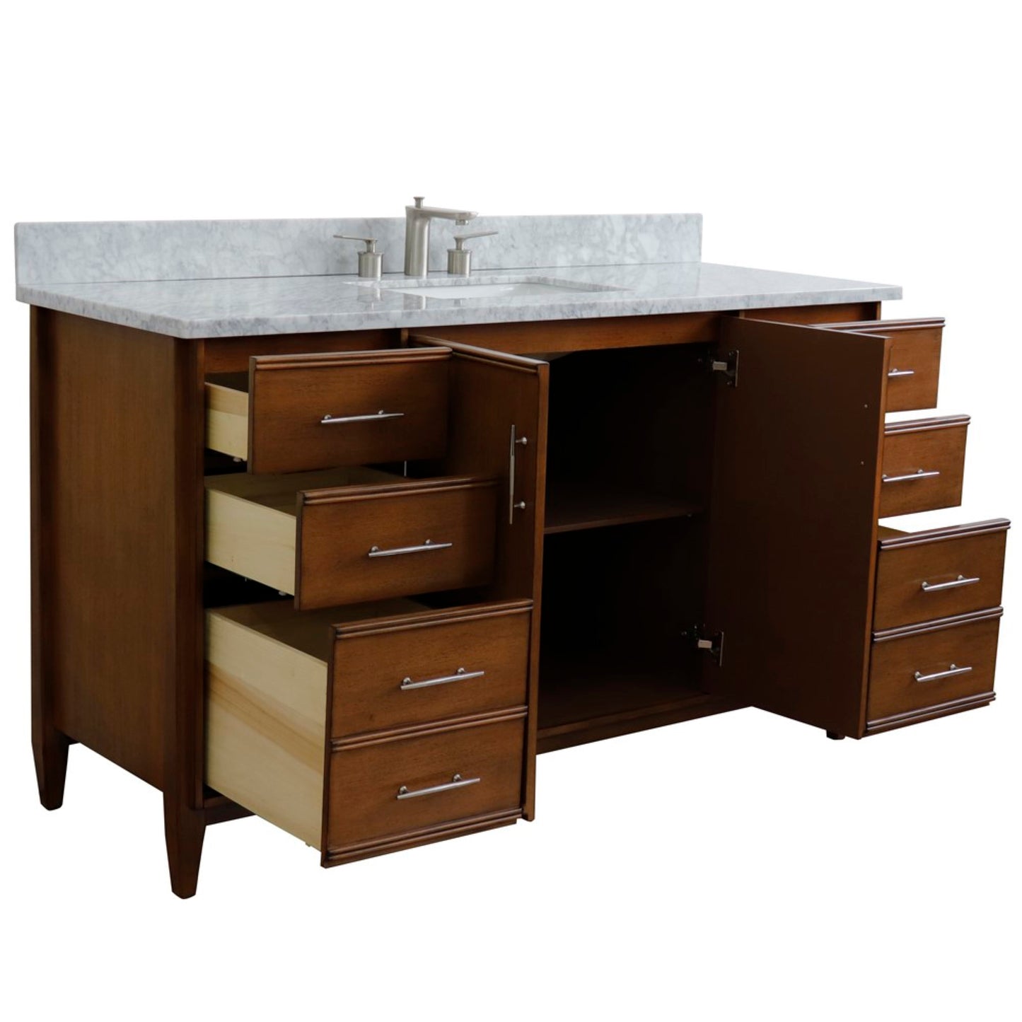 61" Single sink vanity in Walnut finish with White Carrara marble and rectangle sink
