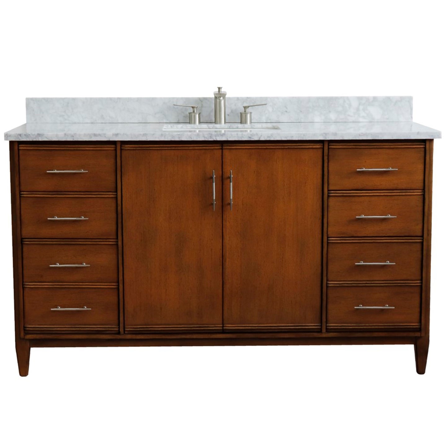 61" Single sink vanity in Walnut finish with White Carrara marble and rectangle sink
