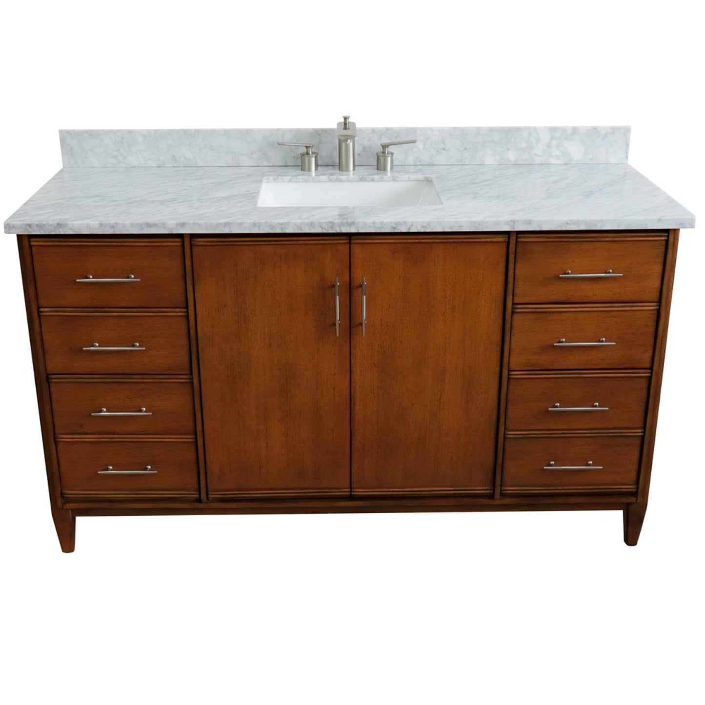 61" Single sink vanity in Walnut finish with White Carrara marble and rectangle sink