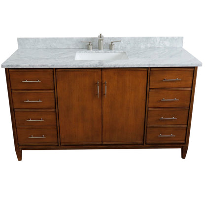 61" Single sink vanity in Walnut finish with White Carrara marble and rectangle sink
