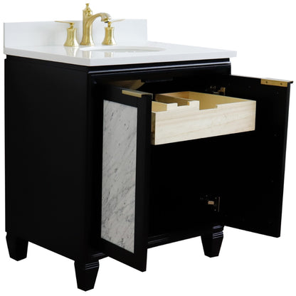 31" Single sink vanity in Black finish with White engineered stone with oval sink