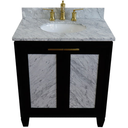 31" Single sink vanity in Black finish with White Carrara marble with oval sink