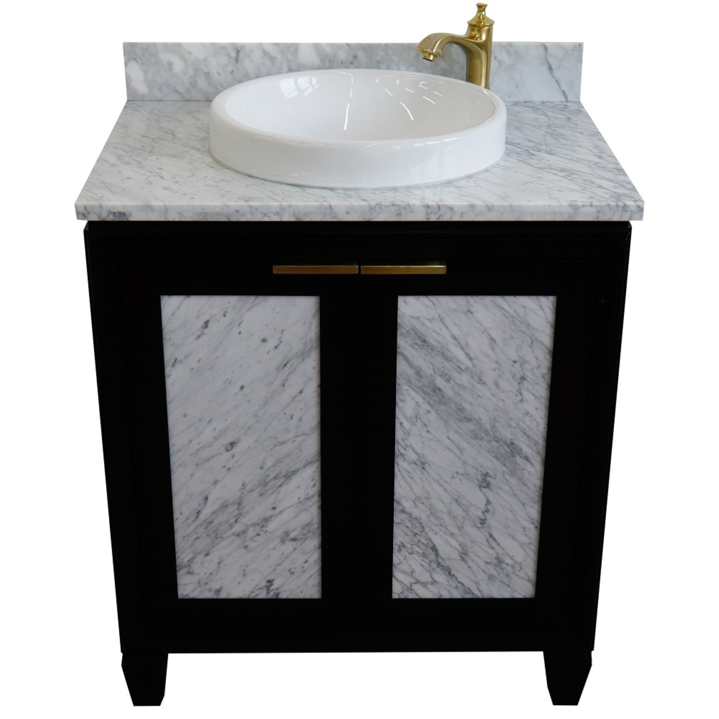 31" Single sink vanity in Black finish with White Carrara marble with round sink