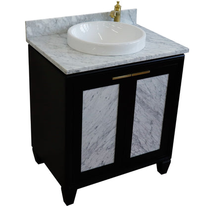 31" Single sink vanity in Black finish with White Carrara marble with round sink