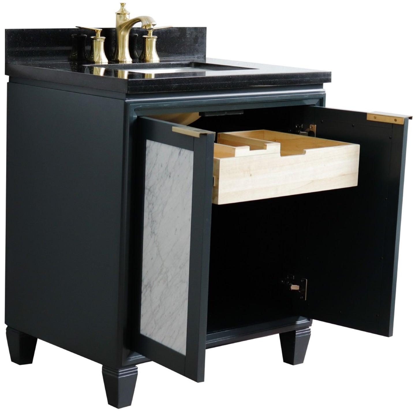 31" Single sink vanity in Dark Gray finish with Black galaxy granite with rectangle sink
