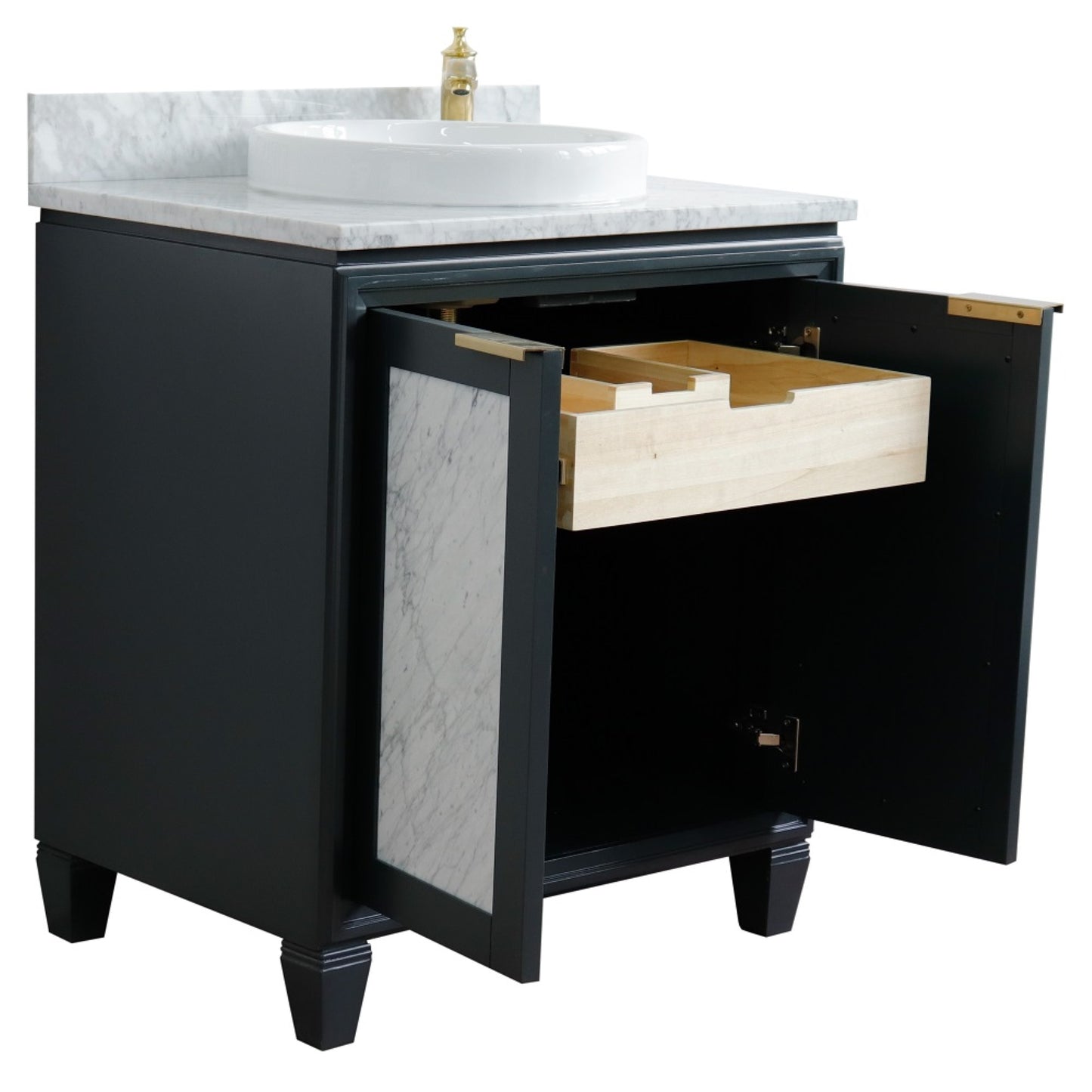 31" Single sink vanity in Dark Gray finish with White Carrara marble with round sink