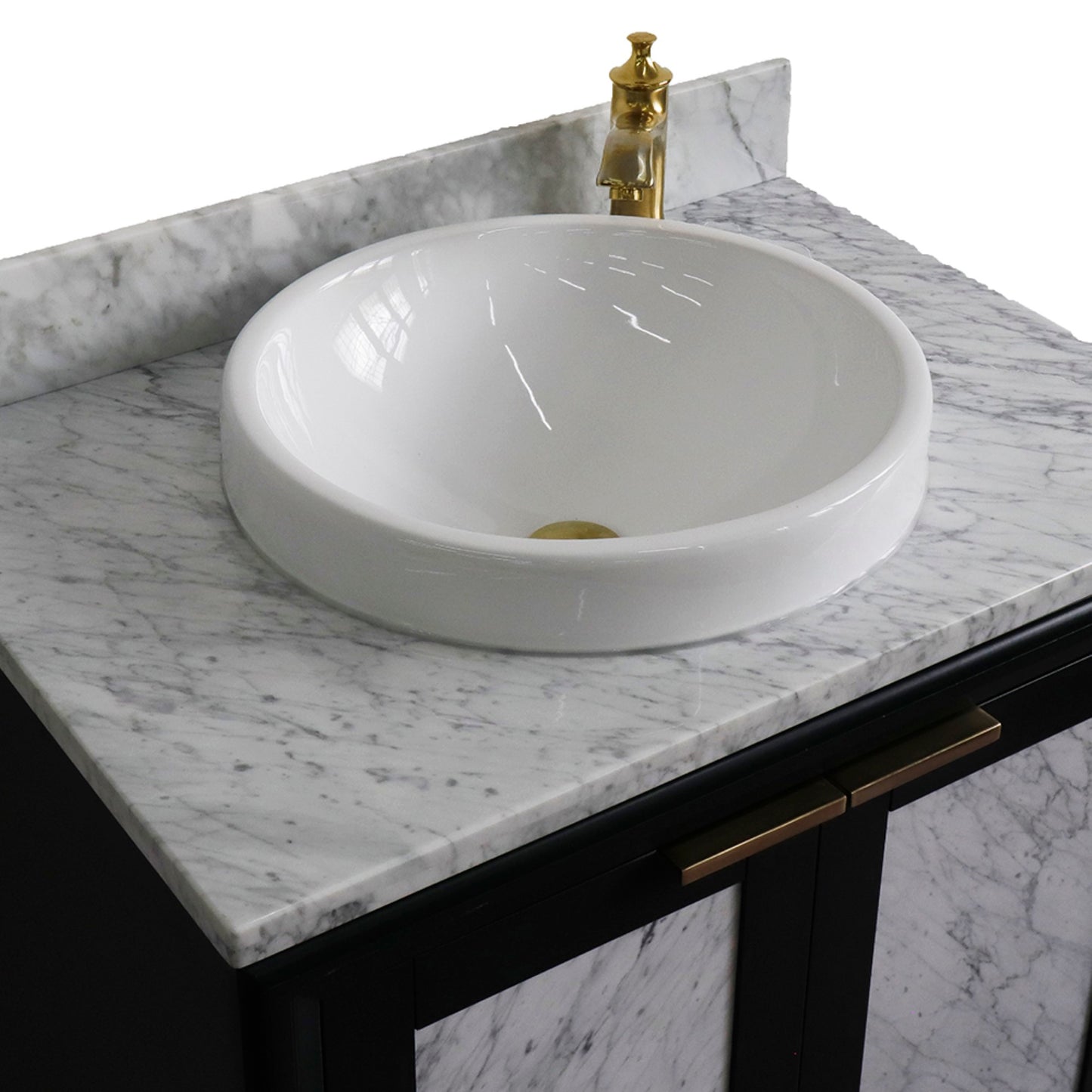 31" Single sink vanity in Dark Gray finish with White Carrara marble with round sink