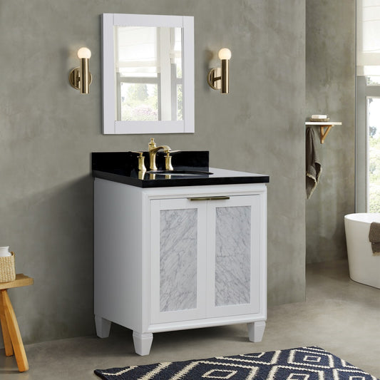 31" Single sink vanity in White finish with Black galaxy granite with oval sink