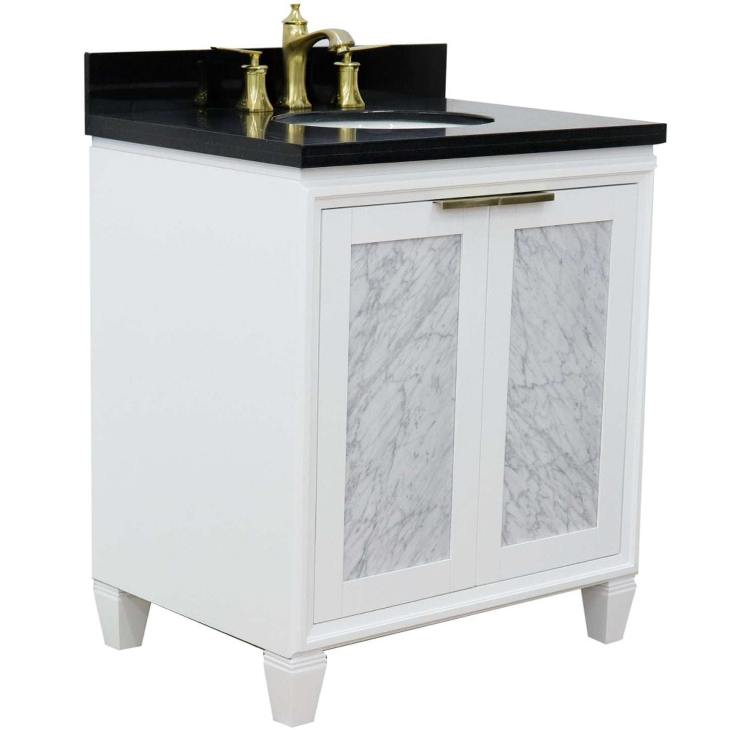 31" Single sink vanity in White finish with Black galaxy granite with oval sink