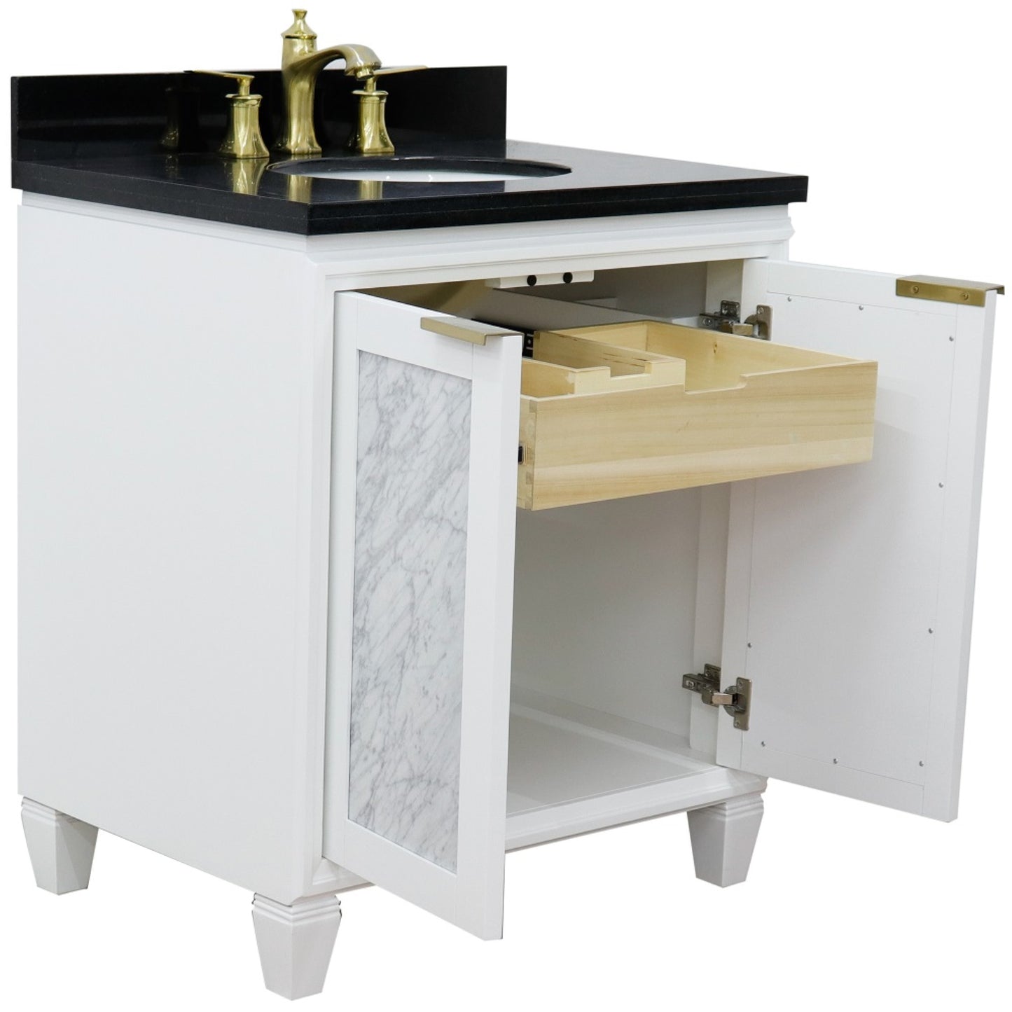 31" Single sink vanity in White finish with Black galaxy granite with oval sink