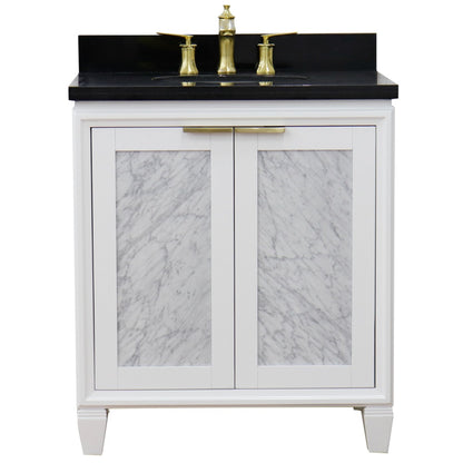31" Single sink vanity in White finish with Black galaxy granite with oval sink