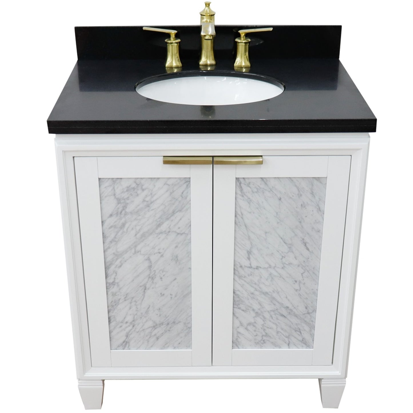 31" Single sink vanity in White finish with Black galaxy granite with oval sink
