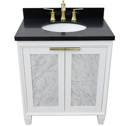 31" Single sink vanity in White finish with Black galaxy granite with oval sink