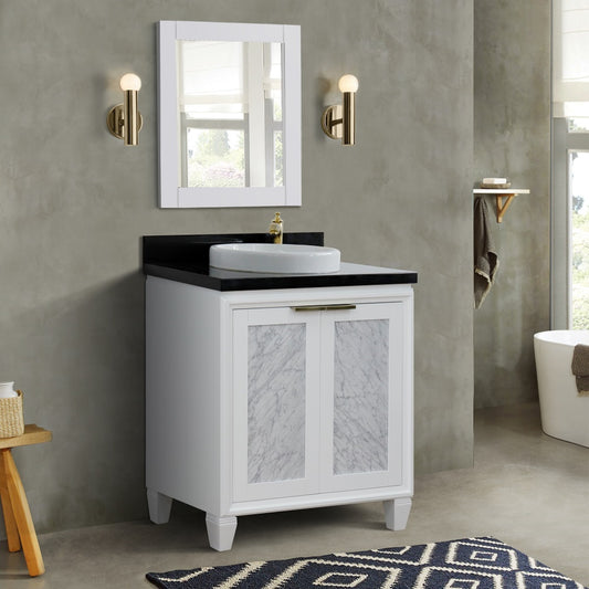 31" Single sink vanity in White finish with Black galaxy granite with round sink