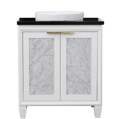 31" Single sink vanity in White finish with Black galaxy granite with round sink