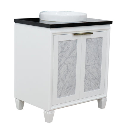 31" Single sink vanity in White finish with Black galaxy granite with round sink