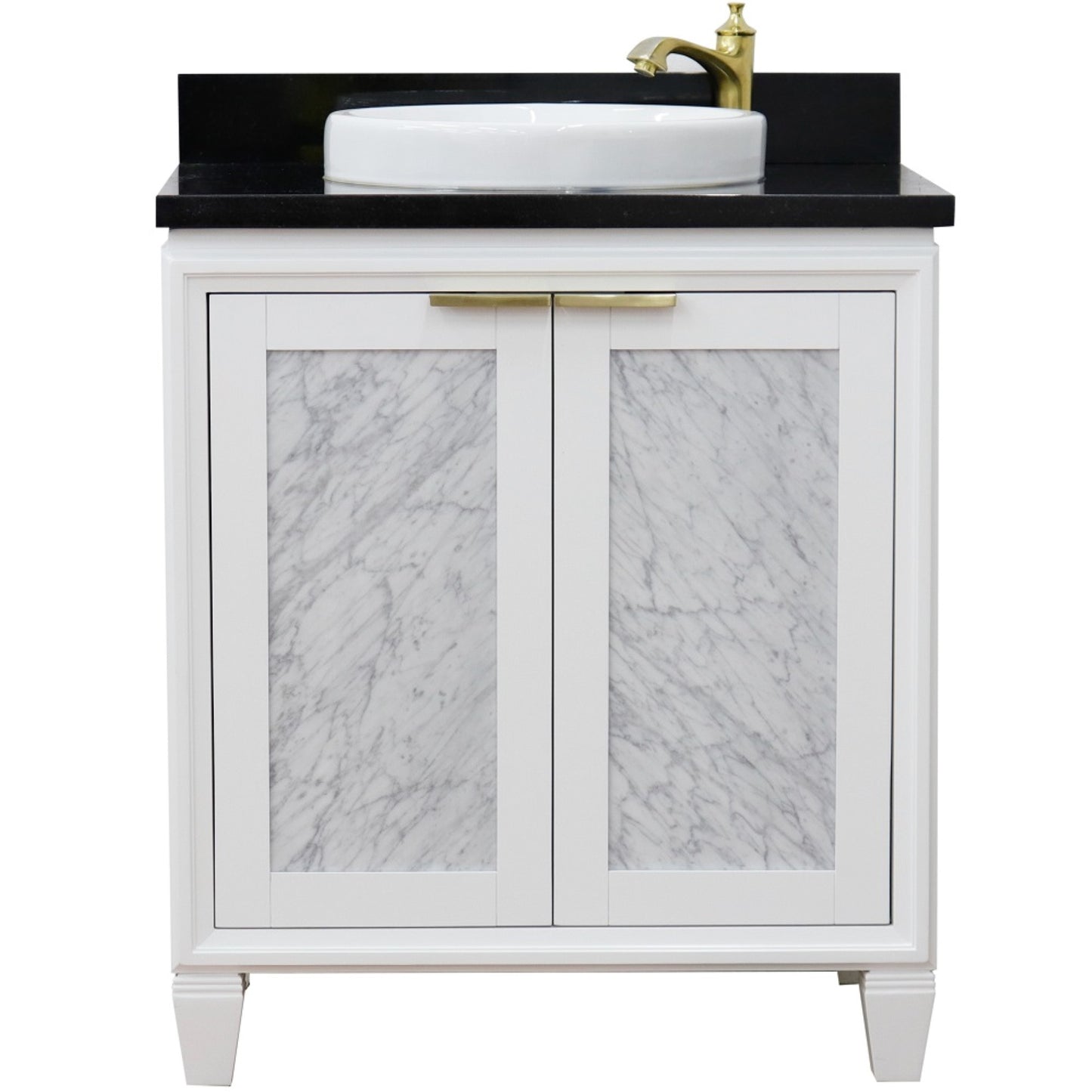 31" Single sink vanity in White finish with Black galaxy granite with round sink