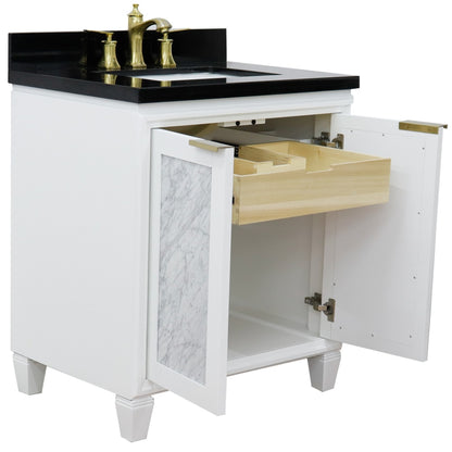 31" Single sink vanity in White finish with Black galaxy granite with rectangle sink