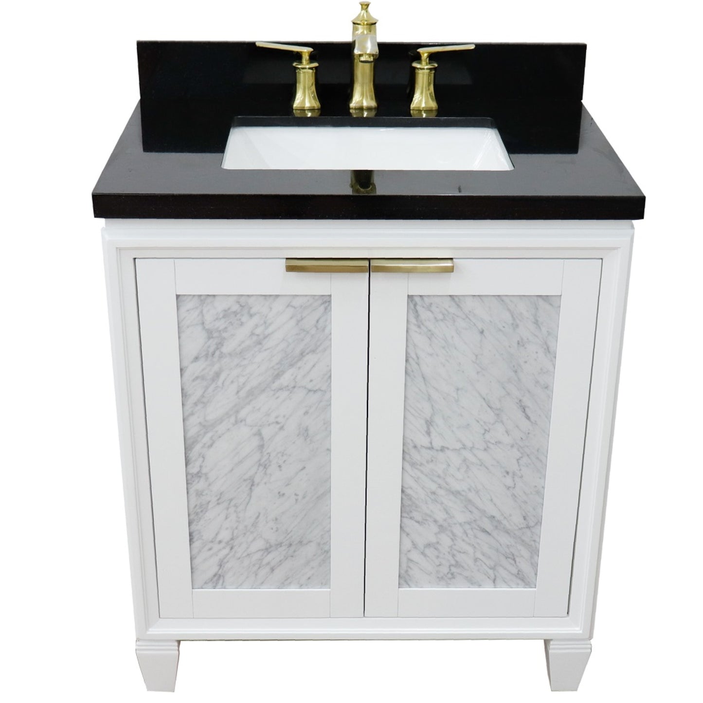 31" Single sink vanity in White finish with Black galaxy granite with rectangle sink