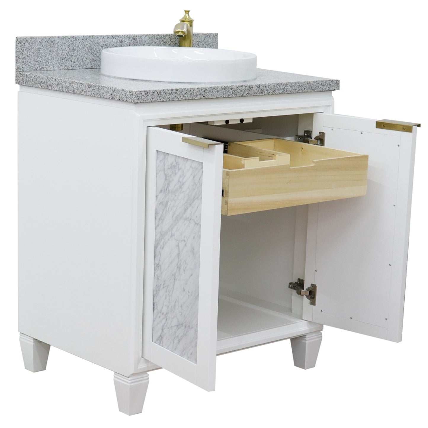 31" Single sink vanity in White finish with Gray granite with round sink